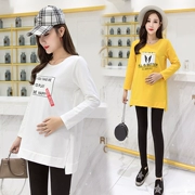 Bà bầu mùa thu áo thun dài 2018 mới cộng với áo nhung đáy quần cotton áo sơ mi dài tay mùa thu đông phù hợp cho bà bầu