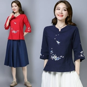 Mùa xuân 2019 mới của phụ nữ áo gió quốc gia cotton và vải lanh tay áo bảy điểm Áo thun nữ thêu Trung Quốc áo thun mỏng chạm đáy - Áo phông