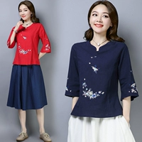 Mùa xuân 2019 mới của phụ nữ áo gió quốc gia cotton và vải lanh tay áo bảy điểm Áo thun nữ thêu Trung Quốc áo thun mỏng chạm đáy - Áo phông áo phông rộng