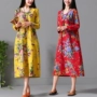 Mùa xuân 2018 mới của phụ nữ gió quốc gia in cotton và vải lanh dài cho nữ vòng cổ lỏng lẻo Một chiếc váy chữ váy chữ a công sở