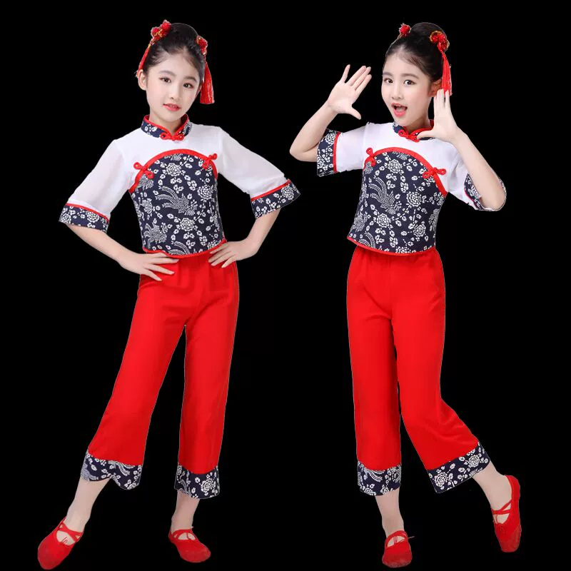 Trang phục biểu diễn trống yangko eo trẻ em mới của cô gái làng Gudou nhảy khiêu vũ trang phục sân khấu ngày mới - Trang phục