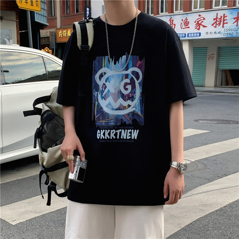 Summer short sleeve t-shirt men's fashion Hong Kong Style bear versatile 5-sleeve Korean fashion hip hop letter print half sleeve