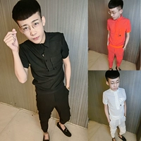 Tinh thần xã hội chàng trai mùa hè Hàn Quốc phiên bản của chín quần nửa tay áo phù hợp với thủy triều nhanh tay red net red ngắn tay áo hai mảnh đồ bộ thun