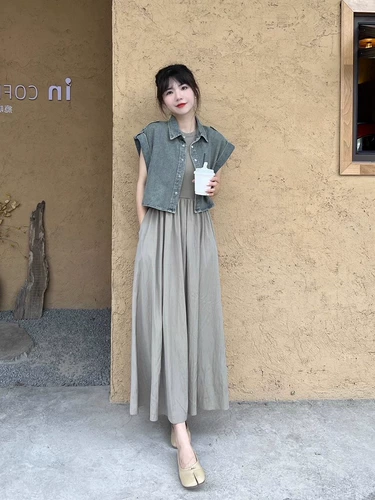 Летний комплект, джинсовый жилет, платье, городской стиль