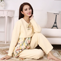 Lá tháng quần áo cotton lớp không khí mùa thu và mùa đông dày phụ nữ mang thai sau sinh quần áo nhà cho con bú quần áo mùa thu quần phù hợp với bộ lanh sau sinh