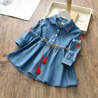Quần áo trẻ em nữ mùa thu 2018 phiên bản Hàn Quốc mới của váy thêu denim mùa xuân và mùa thu trẻ em đầm dài tay đại dương váy ren công chúa bé gái