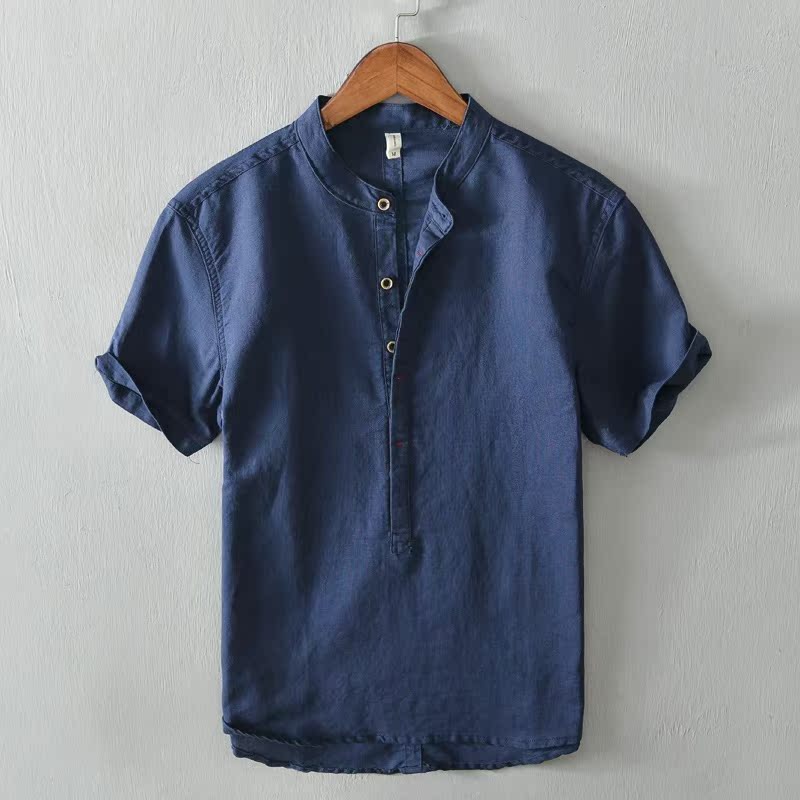 H54-3306 Royal Blueshortsleevedt-shirtmenblousecottonlinensummer