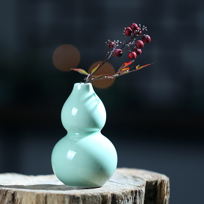 小摆设葫芦插绿萝百合花紧口家用瓷花器茶几水养绿色花瓶小巧