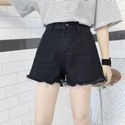 Mùa thu nữ phiên bản Hàn Quốc của quần short denim lưng cao hoang dã là quần ống rộng cạp cao thô đen quần jeans sinh viên nóng bỏng - Cộng với kích thước quần áo
