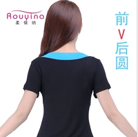 Синяя черная футболка, V-образный вырез, короткий рукав