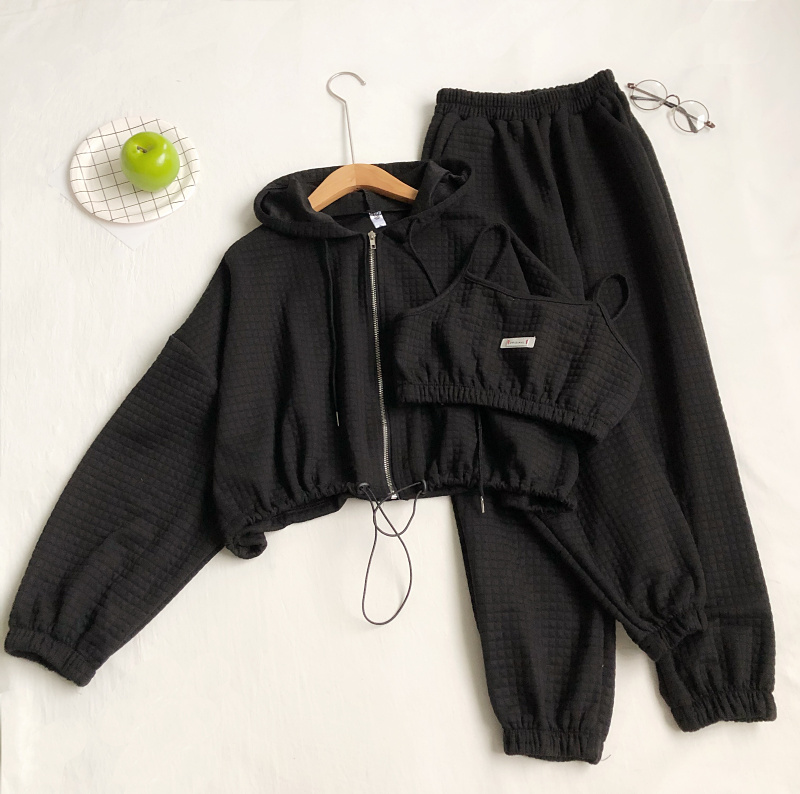 BlackAutumn and winter suit female 2020 new pattern Korean version Hooded zipper Sweater loose coat Small sling High waist Casual pants Three piece set