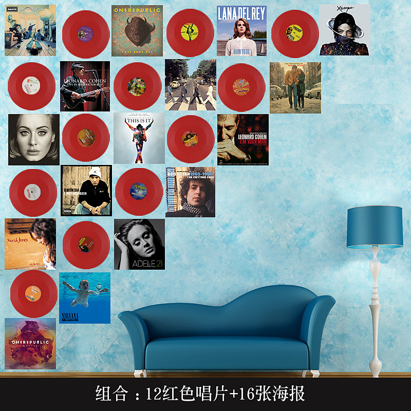 12 Records + 16 Posters (Red)Vinyl record poster Wall decoration loft Industrial wind Retro shop bar cafe personality background Wall decoration