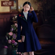 林 梦 旅人 2017 mùa đông mới của phụ nữ áo len cổ điển thêu áo dài màu rắn - Trung bình và dài Coat