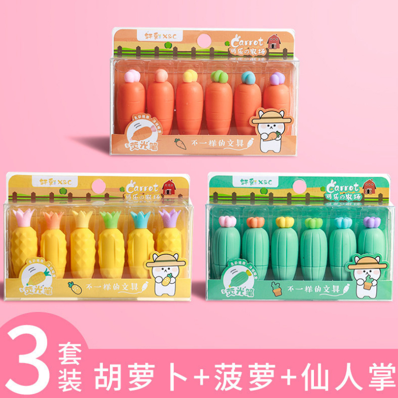 Box Carrot + Pineapple + CactusCarrot Fluorescent pen lovely Super cute Cartoon Mini trumpet Color pen Marker pen marking pen School Supplies