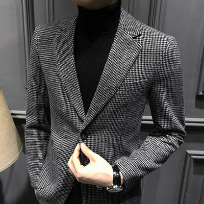 春秋季千鸟格西装男韩版男士休闲格子小西服新款单西男装上衣潮