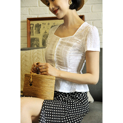 taobao agent Retro lace cotton autumn top, French retro style, square neckline, fitted