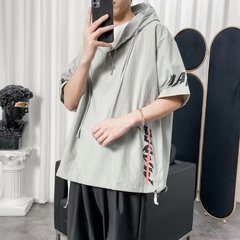 2021網紅t恤男短袖潮牌寬鬆半袖潮ins超火五分袖港風體恤潮流連帽