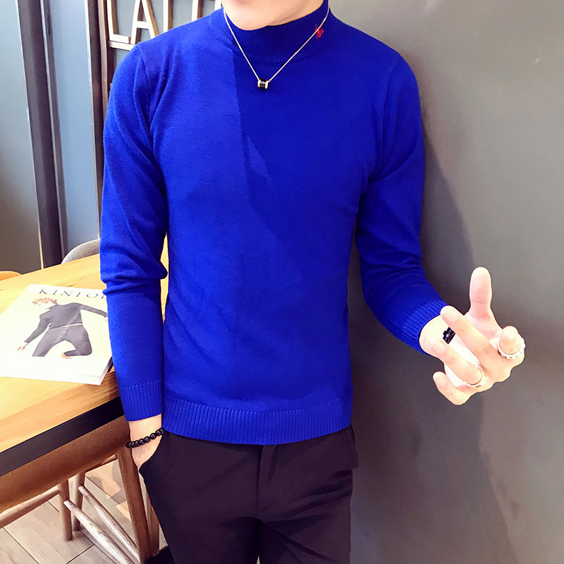 18秋冬半高领套头韩版修身型刺绣百搭毛衣男 蓝色 b205-my05-p35