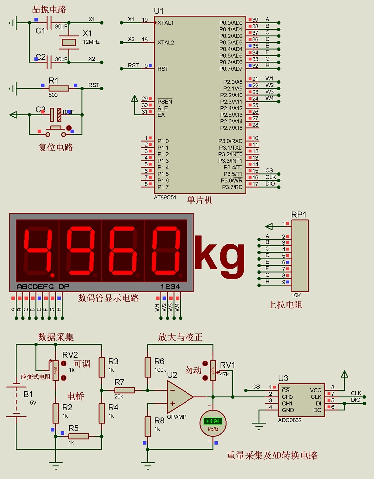 人氣c數碼管電子秤05kg稱重adc0832proteus仿真51單片機松夏