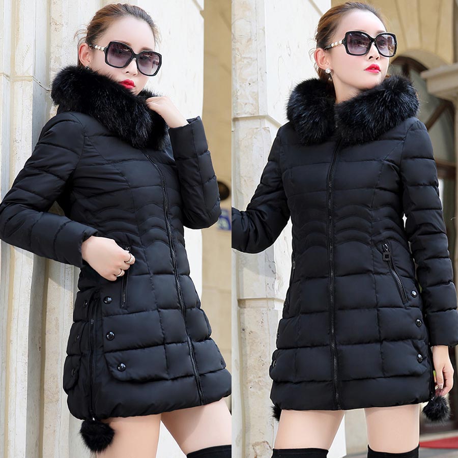 Black Fur Ballnew pattern Cotton female Medium and long term Korean version Self cultivation Show thin cotton-padded jacket loose coat Women's wear Out of season Special clearance price down cotton-padded clothes