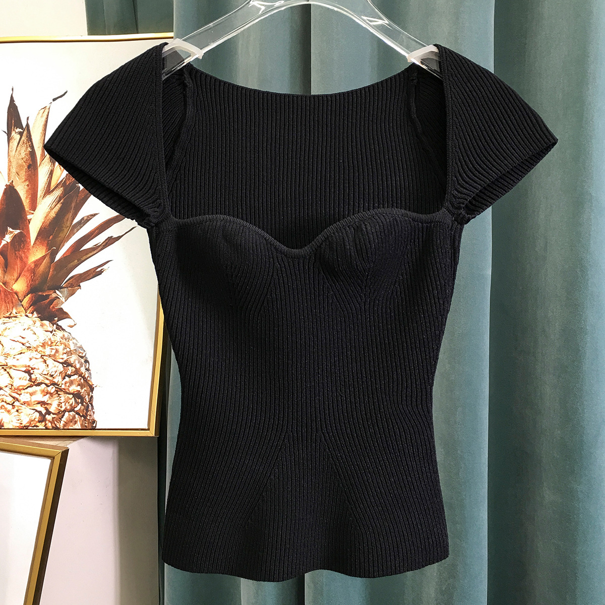 BlackEAM designer 2021 new pattern sexy three-dimensional undergarment covering the chest and abdomen square neck Self cultivation Short sleeve Thin fish tail knitting jacket