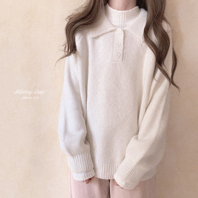 taobao agent *Wool Gentle Milk White POLO Lingzi Wind Wind Wind Rights Sleeve Japanese Loose Sweater K