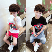 Lớn e nhỏ e cậu bé lớn Hàn Quốc phiên bản của cậu bé vẻ đẹp tiếng Anh in bông áo thun trẻ em ngắn tay áo sơ mi giản dị thủy triều