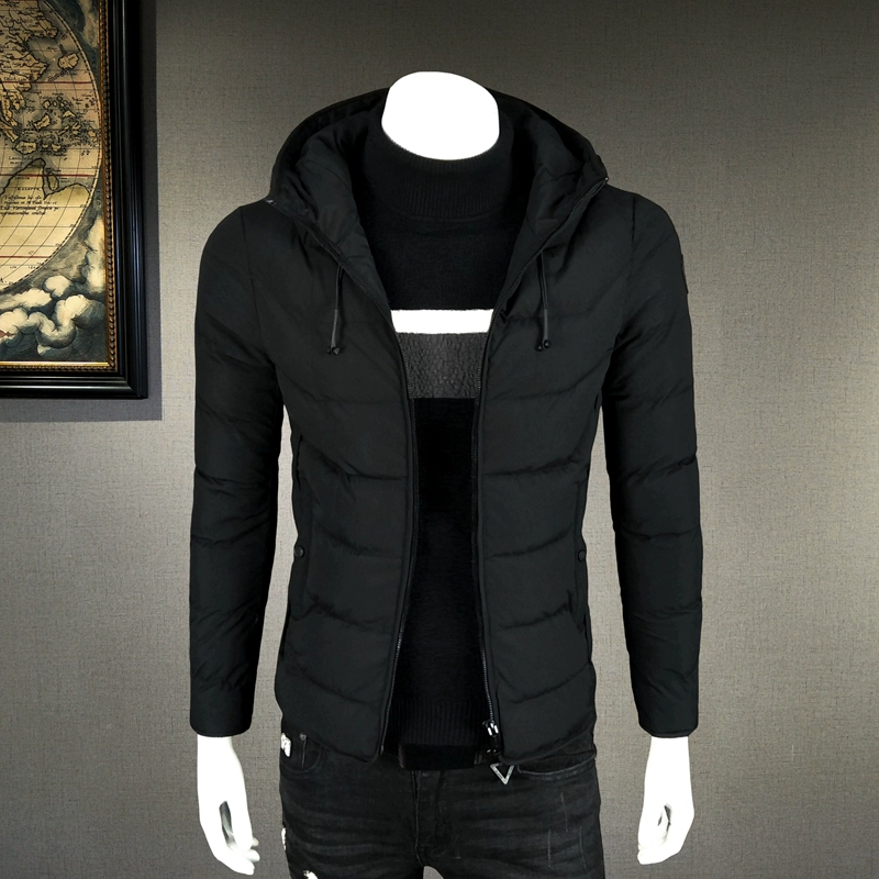 Mùa đông mới phiên bản Hàn Quốc của áo khoác nam trùm đầu xuống áo khoác trẻ trung Slim áo ấm màu đen áo khoác nam đơn giản - Bông