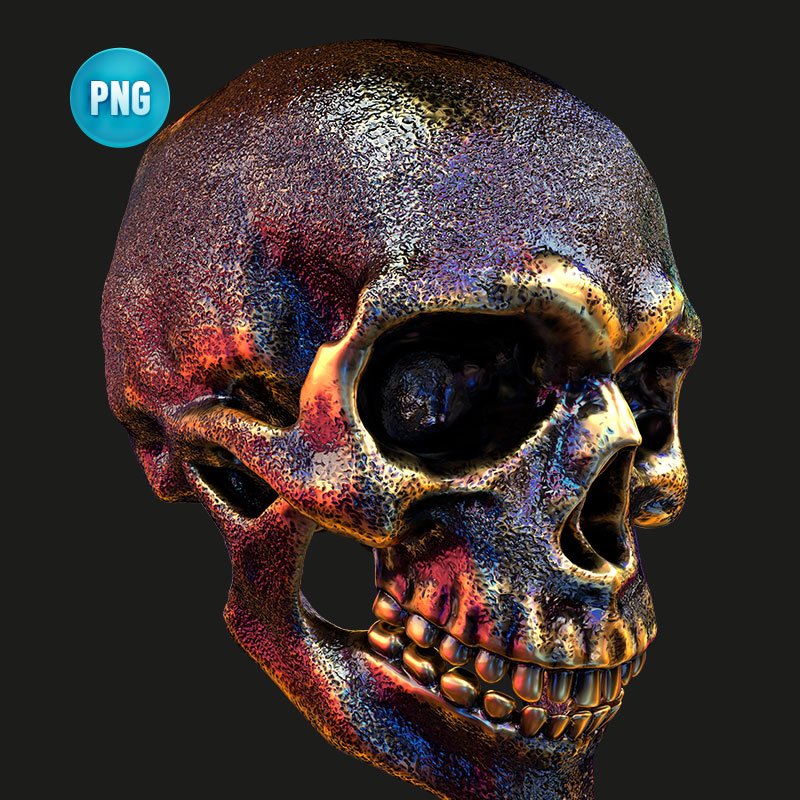 3D立体渲染酸性金属质感头盖骨骷髅恐怖插图PNG免扣图片设计素材