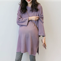 Длинная трикотажная демисезонная зимняя футболка для беременных, лонгслив, сиреневая нижняя рубашка, свитер, платье, средней длины, в корейском стиле