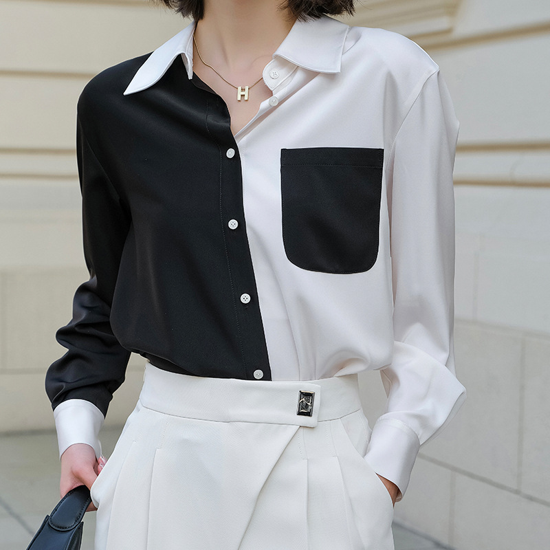 [含那]十三行品质女装黑白拼接衬衫女2022春装新品OL通勤衬衣8086