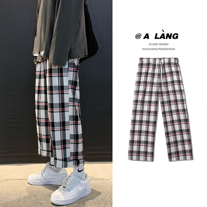 Men's Plaid casual pants men's summer trend loose straight pants Korean fashion brand wide leg Capris