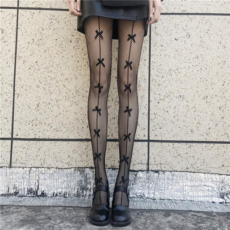 Multiple BowsInternet celebrity bow Black pantyhose female black Fishing net Socks Autumn and winter Pantyhose Thin ins winter solar system JK
