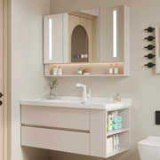Tủ phòng tắm phong cách kem kiểu Pháp kết hợp tủ gương đơn giản hiện đại gốm tích hợp lưu vực bên lưu trữ chậu rửa mặt chậu rửa tay tủ gương treo tường mẫu tủ gương phòng tắm