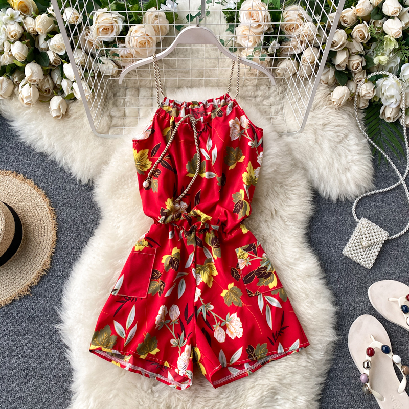 GulesBohemia seaside Holiday style Jumpsuits female Minority Sense of design halter  camisole printing Broad legs shorts summer wear