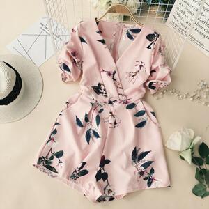 Thái thời trang đường phố sexy V-Cổ thời trang in phun tay áo cao eo là mỏng quần chân rộng chic chic jumpsuit