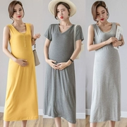 Bà bầu mùa hè 2019 thời trang áo mới váy cotton váy thời trang hè Phụ nữ mang thai đầm dài qua đầu gối - Áo thai sản