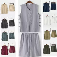Cotton và vải lanh nam áo cũ Tang phù hợp với áo vest ngựa quần short phù hợp với mồ hôi vest nửa tay áo trang phục áo thể dục - Lót áo thể dục