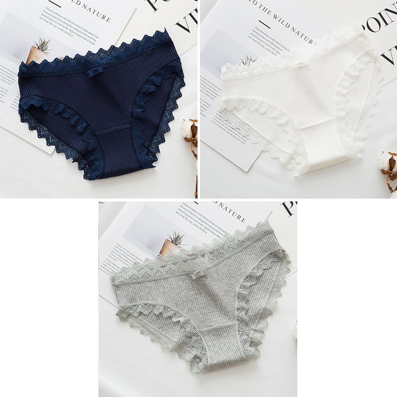 039 Black + Grey + Cream2 strip / 3 strip ma'am underpants female pure cotton solar system Korean version Cotton girl student middle-waisted girl student Lace Briefs
