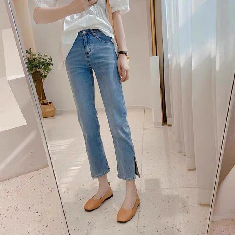 Light blue slit cigarette tube straight-leg jeans for women's summer 2022, a new thin high-waisted petite pants