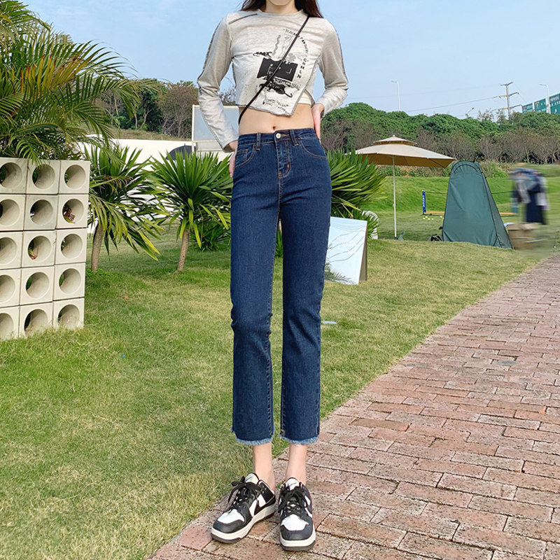 Dark blue cigarette tube straight-leg jeans for women's summer 2022, thin high-waisted pants that show a petite figure