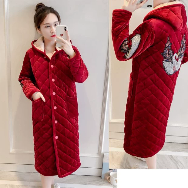 Váy ngủ nữ bộ đồ ngủ chần bông dày ba lớp thu đông, dài thêm và nhung giữ ấm, có thể mặc bên ngoài áo choàng tắm tại nhà - Night Robe