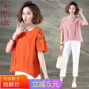 Váy thêu hoa cotton và vải lanh nữ 2019 mới mùa hè áo sơ mi rộng 30 - 40 tuổi - Áo phông