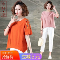 Váy thêu hoa cotton và vải lanh nữ 2019 mới mùa hè áo sơ mi rộng 30 - 40 tuổi - Áo phông áo phông ngắn tay