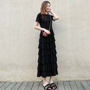 2019 phụ nữ mới mùa hè Xia Xiu cao eo dài váy nữ màu đen là váy bánh mỏng - Váy dài