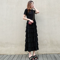 2019 phụ nữ mới mùa hè Xia Xiu cao eo dài váy nữ màu đen là váy bánh mỏng - Váy dài váy dài