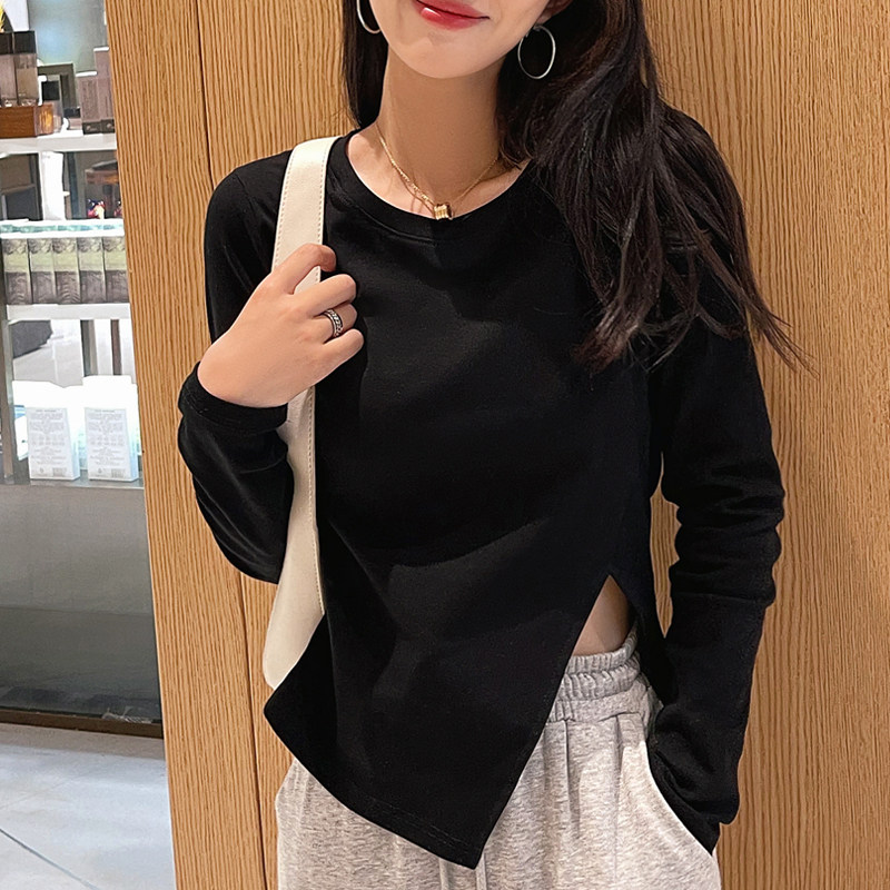 2022春新不规则设计感侧开叉T恤女长袖圆领修身短款纯色打底上衣