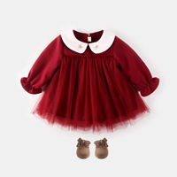 Bé gái màu đỏ thu đông quần áo bé đầm công chúa dày cộng với len nhung váy năm mới váy len quần áo trẻ em