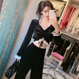 Демисезонные бархатные штаны, комплект, 2020, популярно в интернете, на шнурках, свободный крой, 2 шт