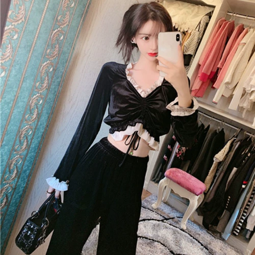 Демисезонные бархатные штаны, комплект, 2020, популярно в интернете, на шнурках, свободный крой, 2 шт